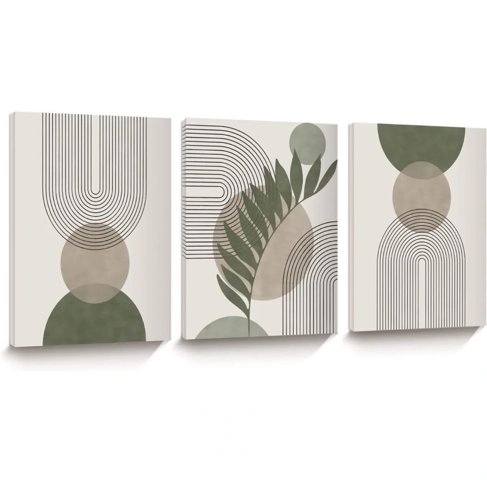 Brand New Set of 3 Wood Framed Canvases Sage Boho Wall Art Minimalist Decor